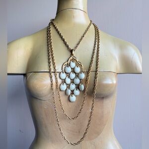 Iconic Trifari Crown Waterfall Necklace Gold White